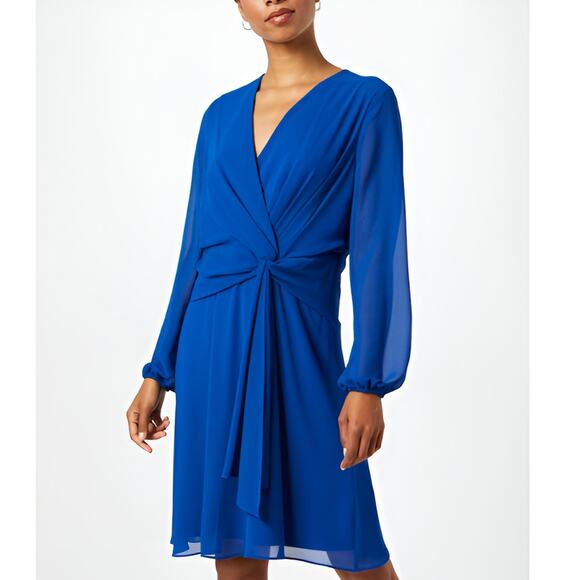 Lauren Ralph Lauren Rosslyn Twisted Front Balloon Long Sleeve Dress Royal Blue 6 - Picture 1 of 8